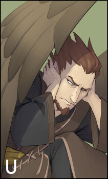 1boy beard black_border border brown_hair chinstrap_beard commentary covering_own_ears facial_hair fire_emblem fire_emblem:_path_of_radiance green_background highres male_focus nintendo one_eye_closed pointy_ears short_hair simple_background solo tuinen ulki_(fire_emblem) wings
