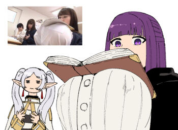 2girls :s black_eyes black_jacket book book_on_breasts breast_envy breasts chibi closed_mouth commentary english_commentary fern_(sousou_no_frieren) flat_chest frieren gold_trim grey_hair half-closed_eyes hands_on_own_chest huge_breasts jacket long_hair long_sleeves multiple_girls open_book parted_bangs photo-referenced photo_inset pointy_ears purple_eyes purple_hair reading shirt simple_background sousou_no_frieren twintails upper_body wanderjegson white_background white_shirt