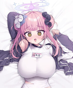 1girl @_@ arm_behind_head armpits blue_archive blue_flower blue_jacket blush breasts commentary_request double_bun flower hair_bun hair_flower hair_ornament hair_scrunchie halo highres id_card jacket korean_commentary large_breasts metaljelly mika_(blue_archive) official_alternate_costume official_alternate_hairstyle open_clothes open_jacket open_mouth pink_hair purple_halo purple_scrunchie scrunchie shirt solo sweat t-shirt tight_clothes tight_shirt twintails upper_body white_scrunchie white_shirt yellow_eyes