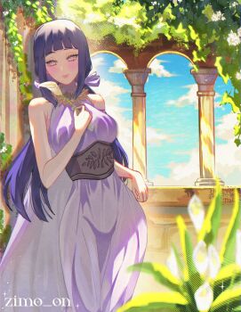 1girl absurdres bare_shoulders black_hair blurry blurry_background blush breasts commentary cowboy_shot dress english_commentary highres hyuuga_hinata large_breasts long_hair naruto_(series) outdoors purple_dress solo zimo_on