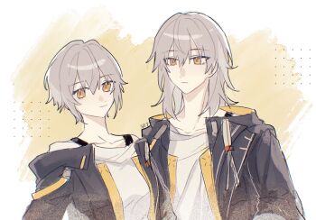 1boy 1girl alternate_hair_length alternate_hairstyle artist_name black_jacket bra_strap breasts caelus_(honkai:_star_rail) closed_mouth commentary_request dual_persona grey_hair hair_length_switch highres honkai:_star_rail honkai_(series) jacket long_hair looking_at_viewer medium_breasts mizilone shirt short_hair simple_background stelle_(honkai:_star_rail) trailblazer_(honkai:_star_rail) two-tone_background upper_body white_background white_shirt yellow_background yellow_eyes