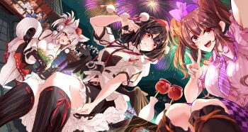 Rule 34 | 6+girls, absurdres, aerial fireworks, animal ears, armor, belt, bird wings, black skirt, black socks, blue dress, blue hat, blush, breasts, brown belt, brown hair, camera, camera around neck, candy apple, checkered clothes, checkered skirt, cleavage, closed mouth, collared shirt, commentary request, crow tengu extra (touhou), detached sleeves, dress, feathered wings, fireworks, flying, food, fox ears, fox girl, fox tail, frilled skirt, frills, hat, highres, himekaidou hatate, holding, iizunamaru megumu, inubashiri momiji, japanese clothes, kagami toufu, kimono, kneehighs, kourindou tengu costume, kudamaki tsukasa, large breasts, long hair, looking at viewer, multiple girls, navel, necktie, night, open mouth, pauldrons, pelvic curtain, pointy ears, pom pom (clothes), pouring, purple hat, purple necktie, purple skirt, red eyes, red hat, ribbon-trimmed skirt, ribbon-trimmed socks, ribbon-trimmed thighhighs, ribbon trim, romper, selfie, shameimaru aya, shirt, short sleeves, shoulder armor, side slit, single pauldron, skirt, smile, socks, sweatdrop, tail, taking picture, teapot, thighhighs, tokin hat, tokkuri, touhou, twintails, two-tone skirt, v, white kimono, white romper, white thighhighs, wings, wolf ears, wolf girl, wolf tail, wolf tengu extra (touhou)
