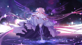 1girl arusuko closed_eyes dress energy_wings facing_viewer full_body galaxy giant giantess gloves highres kaname_madoka long_hair mahou_shoujo_madoka_magica mahou_shoujo_madoka_magica:_hangyaku_no_monogatari pink_hair skirt_hold sky smile solo standing standing_on_one_leg star_(sky) starry_sky thighhighs ultimate_madoka very_long_hair white_dress white_gloves