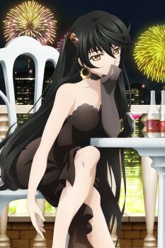 1girl artist_request black_dress black_hair breasts building chair choker cleavage collarbone covering_own_mouth crescent crescent_earrings crossed_legs dress earrings feet_out_of_frame fireworks game_asset gloves grey_choker grey_gloves hair_between_eyes hair_ornament hand_over_own_mouth jewelry lace-trimmed_choker lace_trim leaning_forward long_hair looking_at_viewer medium_breasts night official_alternate_costume official_alternate_hairstyle official_art on_chair single_glove sitting solo strapless strapless_dress tales_of_(series) tales_of_berseria tales_of_link third-party_source velvet_crowe velvet_crowe_(formal_dress) very_long_hair yellow_eyes