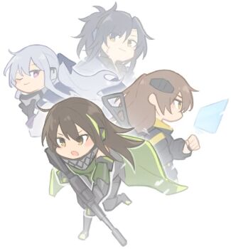 Rule 34 | 4girls, ak-12 (girls' frontline), angelia (girls' frontline), armband, artificial eye, assault rifle, bandana, black hair, brown eyes, brown hair, girls' frontline, grey hair, gun, m4 carbine, m4a1 (girls' frontline), m4a1 (mod3) (girls' frontline), mechanical eye, multiple girls, non-web source, print bandana, rifle, scar, skull print, smile, submachine gun, tactical clothes, ump45 (girls' frontline), ump45 (mod3) (girls' frontline), weapon, xinhao, yellow armband