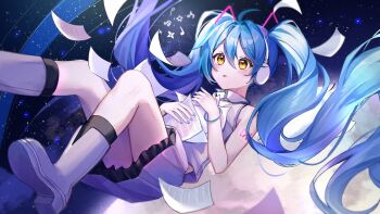 1girl ahoge aqua_nails arm_tattoo bare_shoulders blush boots collared_shirt commentary_request floating floating_hair grey_boots hair_between_eyes hair_ornament hatsune_miku headphones highres long_hair musical_note noneon319 number_tattoo open_mouth paper pink_skirt shirt skirt sleeveless sleeveless_shirt solo tattoo twintails very_long_hair vocaloid white_shirt yellow_eyes