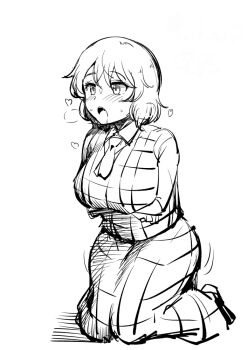 Rule 34 | 1girl, :o, arms under breasts, ascot, blush, breasts, commentary request, full body, gingham vest (clothing), greyscale, heart, kazami yuuka, kneeling, large breasts, long sleeves, looking afar, monochrome, open mouth, sadahiro (chicken nugget gyuuniku aji), shirt, simple background, sketch, skirt, solo, sweat, touhou, vest