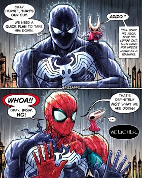 1boy 1girl absurdres animal_print arthropod_girl artist_name black_bodystocking black_skin blue_bodysuit bodysuit cloak colored_skin highres hollow_eyes hollow_knight hollow_knight:_silksong horned_mask hornet_(hollow_knight) looking_at_viewer marvel mask multicolored_bodysuit needle_(hollow_knight) pizza990 print_bodysuit red_bodysuit red_cloak silk spider-man spider-man_(series) spider_print spider_web spider_web_print superhero_costume symbiote two-tone_bodysuit white_mask