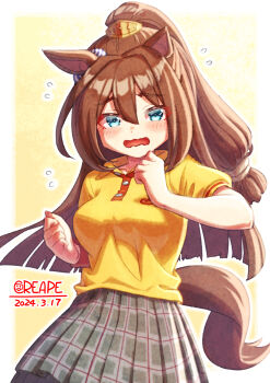 Rule 34 | 1girl, animal ears, blue eyes, blush, breasts, brown hair, casual, commentary request, creape, ear scrunchie, el condor pasa (casual) (umamusume), el condor pasa (umamusume), hair between eyes, highres, horse ears, horse girl, horse tail, long hair, looking at viewer, medium breasts, no mask, open mouth, plaid clothes, plaid skirt, pleated skirt, polo shirt, ponytail, shirt, short sleeves, skirt, sweat, tail, umamusume, yellow shirt