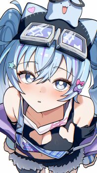 Rule 34 | 1girl, absurdres, animal ear headwear, animal ears, animal hat, arahashi tabi, bare shoulders, black hairband, black shirt, black shorts, blue eyes, blue hair, blush, bow, breasts, bright pupils, cat hat, cleavage, cleavage cutout, clothing cutout, commentary, eyewear on head, fake animal ears, from above, goggles, goggles on head, goggles on headwear, hair between eyes, hair bow, hair ornament, hairband, hat, heart, highres, jacket, jirari, korean commentary, long hair, looking at viewer, looking up, medium breasts, multicolored hair, navel, open mouth, parted lips, shirt, short shorts, shorts, simple background, solo, star (symbol), star hair ornament, stellive, streaked hair, torn clothes, twintails, virtual youtuber, white background, white pupils