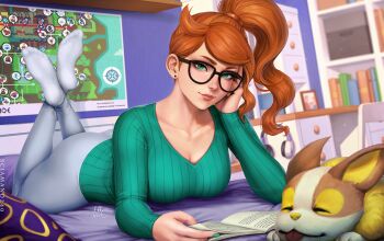 1girl aqua_eyes artist_name blush book breasts cherubi commentary_request croagunk dubwool frillish frillish_(male) gallade gen_1_pokemon gen_2_pokemon gen_3_pokemon gen_4_pokemon gen_5_pokemon gen_8_pokemon glasses growlithe hair_ornament hatenna headphones headphones_removed heart heart_hair_ornament indoors jellicent jellicent_(male) large_breasts long_hair long_sleeves looking_at_viewer lying map musharna nail_polish nintendo no_shoes on_stomach orange_hair piloswine pokemon pokemon_(creature) pokemon_swsh sawk sciamano240 scraggy shiftry shuckle side_ponytail sigilyph sleeping smile socks sonia_(pokemon) steelix throh tongue tongue_out vespiquen vileplume vulpix white_legwear yamper