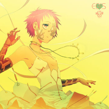 1girl bandaid character_name commentary_request dorohedoro ebisu_(dorohedoro) elbow_gloves eyepatch gloves jewelry medical_eyepatch necklace nipple_slip nipples panco purple_eyes short_hair solo