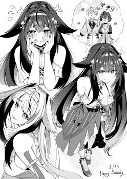 +_+ 1girl :p bare_shoulders belle_(zenless_zone_zero) blush breasts cleavage closed_mouth commentary_request embarrassed flying_sweatdrops greyscale hair_flaps hair_ornament hairband hands_on_own_face heart highres index_finger_raised konka leaning_forward looking_at_viewer medium_breasts monochrome multiple_views official_alternate_costume tongue tongue_out wise_(zenless_zone_zero) ye_shunguang ye_shunguang_(touch_of_dawnlight) zenless_zone_zero