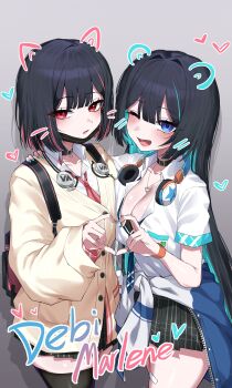2girls absurdres aqua_nails bad_tag black_bra black_collar black_hair black_skirt black_survival black_thighhighs blue_eyes blush bra bra_peek breasts cardigan center-flap_bangs character_name cleavage clothes_around_waist collar collarbone collared_shirt colored_inner_hair commentary debi_(black_survival) double-parted_bangs drawn_ears drawn_whiskers eternal_return:_black_survival fingernails gradient_background grey_background hahyaha hair_intakes headphones headphones_around_neck heart heart_hands heart_hands_duo heart_pendant highres jacket jacket_around_waist jewelry large_breasts long_hair long_sleeves looking_at_viewer loose_necktie marlene_(black_survival) mask mask_pull miniskirt mouth_mask multicolored_hair multiple_girls nail_polish necklace necktie one_eye_closed open_mouth parted_lips pleated_skirt red_eyes red_nails red_necktie school_uniform shadow shirt short_hair short_sleeves siblings sisters skirt standing straight_hair symbol-only_commentary thighhighs twins underwear very_long_hair white_shirt wing_collar yellow_cardigan zettai_ryouiki