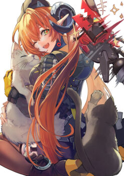 +++ 1girl ammunition animal black_cat black_hat black_horns blush brown_thighhighs cat commentary_request curled_horns dress from_side gloves green_eyes grey_cat gun hair_between_eyes hat hinagi_kei holding holding_animal holding_cat horns long_hair looking_back magus_(zenless_zone_zero) mechanical_horns mechanical_tail motion_blur one_eye_closed open_mouth orange_hair orange_pupils orphie_magnusson pointy_ears simple_background single_glove sitting sparkle tail thighhighs twintails wariza weapon white_background yellow_gloves zenless_zone_zero zipper_dress