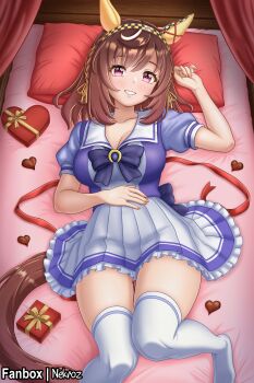 Rule 34 | 1girl, absurdres, animal ears, blush, bow, bowtie, box, breasts, brown hair, buena vista (umamusume), candy, checkered hairband, chocolate, chocolate heart, cleavage, collarbone, ear covers, ear ribbon, fingernails, food, gift, gift box, hairband, heart, heart-shaped box, heart-shaped food, highres, horse girl, horseshoe ornament, large breasts, looking at viewer, lying, medium hair, multicolored hair, nail polish, nekroz7, on back, pleated skirt, puffy short sleeves, puffy sleeves, purple bow, purple bowtie, purple eyes, purple hair, purple shirt, red ribbon, ribbon, sailor collar, sailor shirt, school uniform, shirt, short sleeves, skindentation, skirt, solo, streaked hair, thighhighs, thighs, tracen school uniform, umamusume, valentine, white sailor collar, white skirt, white streaks, white thighhighs, yellow nails, zettai ryouiki