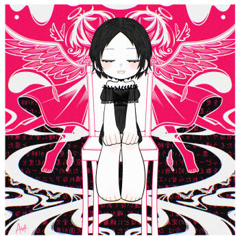 1girl angel angel_wings barefoot black_dress black_hair blush border chair closed_eyes dot_nose dress dripping feathers halo highres imawa-san_(iyowa) imawanokiwa_(vocaloid) iyowa_girls light_blush open_mouth puffy_short_sleeves puffy_sleeves sato_(r017xts117) see-through_clothes see-through_sleeves short_hair short_sleeves sitting smile text_background vocaloid white_border wings
