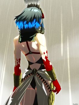 1girl ass back bare_shoulders black_hair black_skirt blood blood_on_hands blue_hair bracer colored_inner_hair commentary dantonphanton detached_collar fate/grand_order fate_(series) feathers headdress high_collar highres multicolored_hair rain sash short_hair sidelocks skirt solo tassel tenochtitlan_(fate) tenochtitlan_(first_ascension)_(fate) thighs