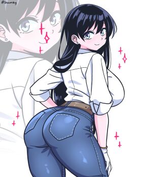 1girl absurdres arato_nagi artist_name ass black_hair blue_eyes blue_pants breasts closed_mouth commentary denim earrings gloves hand_on_own_hip highres jeans jewelry large_breasts long_hair looking_at_viewer looking_back pants ruri_no_houseki shirt smile solo sparkle stud_earrings taut_clothes taut_pants twitter_username vewuinsky white_gloves white_shirt