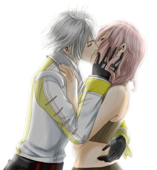 1boy 1girl backlighting bare_shoulders black_gloves closed_eyes couple cropped_legs final_fantasy final_fantasy_xiii final_fantasy_xiii-2 gloves hand_on_another&#039;s_cheek hand_on_another&#039;s_face hand_on_another&#039;s_shoulder hope_estheim hug kiss lightning_farron midriff pink_hair simple_background spirasen waist_hug white_background white_hair