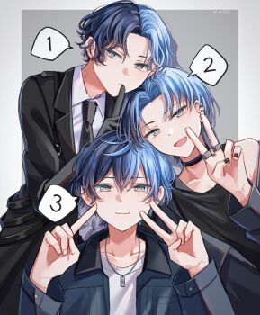 1boy :d aoyagi_touya black_choker black_nails black_shirt blue_hair blue_necktie choker closed_mouth collared_shirt commentary curtained_hair ear_piercing fingernails grey_background grey_eyes hands_up highres index_finger_raised jewelry lapels layered_clothes long_sleeves looking_at_viewer male_focus mole mole_under_eye multicolored_hair multiple_views necklace necktie notched_lapels official_alternate_costume official_alternate_hairstyle open_mouth piercing project_sekai ring shirt short_hair smile speech_bubble split-color_hair toya108nya twitter_username two-tone_hair v white_shirt zozotown