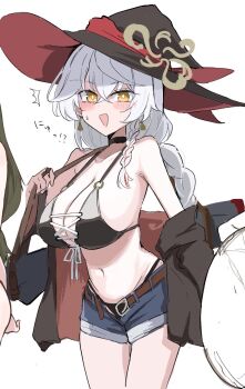 :d alternate_costume bikini bikini_under_clothes blue_archive blush_stickers bone_hiko braid choker denim denim_shorts earrings eri_(blue_archive) gun halo hat highres jacket jacket_partially_removed jewelry long_hair open_mouth ring shorts smile strap swimsuit weapon white_hair witch_hat yellow_eyes