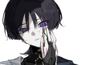 1boy blood blood_on_face blood_on_hands blue_hair blunt_ends bodysuit bridal_gauntlets cable chinese_commentary commentary_request cracked_face cracked_skin expressionless genshin_impact hand_on_own_face hand_up highres looking_at_viewer male_focus mandarin_collar open_mouth purple_eyes scaramouche_(genshin_impact) short_hair simple_background solo upper_body wanderer_(genshin_impact) white_background yierchan_12
