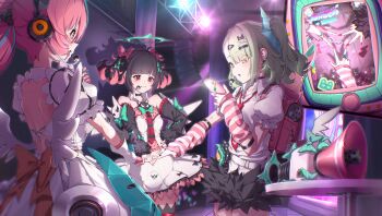 Rule 34 | 3girls, absurdres, angels of delusion, aria (zenless zone zero), arm warmers, backpack, bag, bare shoulders, black hair, black skirt, blue eyes, bow, commentary request, detached sleeves, dress, fingerless gloves, gloves, green bow, green eyes, green hair, hair bow, hair ornament, hairclip, highres, idol, indoors, long hair, long sleeves, multiple girls, nangong yu, navel, parted lips, pink gloves, pink hair, red eyes, shirt, skirt, standing, striped arm warmers, sunna (zenless zone zero), white dress, white shirt, yo na, zenless zone zero