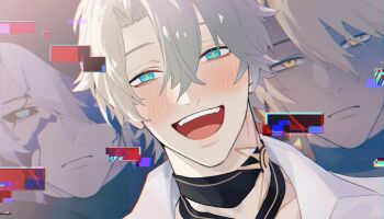 3boys :d alternate_form antenna_hair black_choker blonde_hair blue_eyes blush choker collared_shirt commentary cracked_skin elims english_commentary flame_reaver_of_the_deepest_dark glitch honkai:_star_rail honkai_(series) hood hood_up male_focus multiple_boys multiple_persona neck_tattoo open_mouth parted_bangs phainon_(anan)_(honkai:_star_rail) phainon_(honkai:_star_rail) phainon_(khaslana)_(honkai:_star_rail) shirt short_hair smile sun_symbol sun_tattoo tan tattoo white_hair white_shirt yellow_eyes