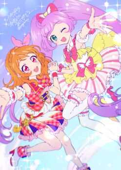 2girls :d ;d absurdres ahoge aikatsu! aikatsu!_(series) aikatsu!_x_pripara_the_movie_-deai_no_kiseki!- blue_background boots bow chromatic_aberration commentary_request crossover dress frilled_dress frilled_skirt frilled_thighhighs frills green_eyes hair_bow high_heel_boots high_heels highres holding_hands long_hair looking_at_viewer manaka_laala multiple_girls one_eye_closed open_mouth orange_hair outstretched_arm ozora_akari pink_bow pleated_skirt pretty_series pripara purple_hair reaching reaching_towards_viewer red_shirt red_skirt sengokutoroya shirt short_dress skirt sleeveless sleeveless_shirt smile sparkle standing standing_on_one_leg thighhighs translation_request twintails very_long_hair white_boots white_thighhighs