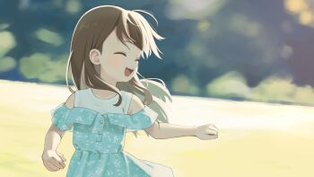 1girl :d bare_shoulders blue_dress blurry blurry_background brown_hair child closed_eyes dress floating_hair floral_print happy highres light_blush long_hair open_mouth original outdoors print_dress ren-da-min shirt shirt_under_dress short_sleeves sleeveless sleeveless_shirt smile solo straight_hair strapless strapless_dress teeth upper_body upper_teeth_only white_shirt