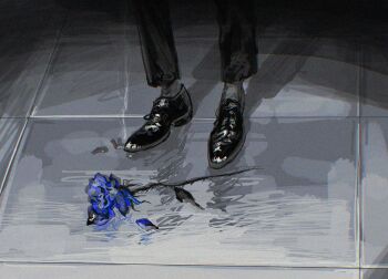 1other ambiguous_gender blue_flower blue_rose feet flower foot_focus from_above limited_palette original out_of_frame revol4357 rose solo