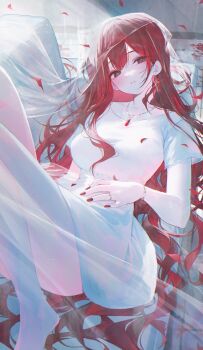 1girl akane_lize blonde_hair earrings gem grey_eyes highres huhi_(huhi_1211) jewelry knees_up long_hair looking_at_viewer lying mole mole_on_cheek mole_under_eye multicolored_hair necklace on_back parted_lips red_gemstone red_hair red_nails ring short_sleeves solo stellive streaked_hair very_long_hair virtual_youtuber