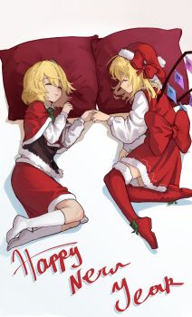 2girls absurdres blonde_hair boots bow brown_vest capelet closed_eyes commentary crystal_wings dress embodiment_of_scarlet_devil english_commentary english_text flandre_scarlet footwear_bow full_body fur-trimmed_boots fur-trimmed_capelet fur-trimmed_dress fur-trimmed_headwear fur-trimmed_skirt fur-trimmed_vest fur_trim green_bow green_necktie hair_between_eyes hair_bow happy_new_year hat head_on_pillow highres holding_hands kobi420 long_sleeves lying medium_hair multiple_girls necktie new_year on_side parted_lips pillow red_boots red_bow red_capelet red_dress red_pillow red_skirt rumia santa_costume santa_hat shadow shirt skirt socks touhou vest white_background white_shirt white_socks wings