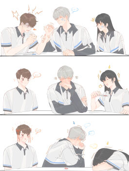 ... 1girl 2boys absurdres black_collar black_hair blush bow breasts brown_hair clenched_hands closed_eyes collar crossed_arms drawing_on_another's_face furrowed_brow gggg888xx grey_hair hair_between_eyes hair_bow highres holding_another's_wrist jacket jeremiah_(love_and_deepspace) laughing long_hair love_and_deepspace medium_breasts multiple_boys open_mouth protagonist_(love_and_deepspace) red_bow sequential shirt short_hair sitting smile spoken_ellipsis tears track_jacket upper_body white_background white_shirt xavier_(love_and_deepspace)