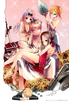 1boy 3girls absurdres akasaka_aka barefoot blonde_hair blue_eyes breasts coin coin_stack dress fujiwara_chika gold hayasaka_ai highres imagining kaguya-sama_wa_kokurasetai_~tensai-tachi_no_renai_zunousen~ long_hair medium_breasts multiple_girls non-web_source official_art shinomiya_kaguya shirogane_miyuki sitting small_breasts sword weapon