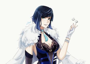 1girl aqua_eyes black_nails blue_hair breasts cleavage commentary dice dress english_commentary fingerless_gloves genshin_impact gloves grey_background grin hand_up jacket jacket_on_shoulders looking_at_viewer nail_polish short_hair simple_background sleeveless sleeveless_dress smile solo upper_body white_gloves white_jacket yelan_(genshin_impact) zevzie