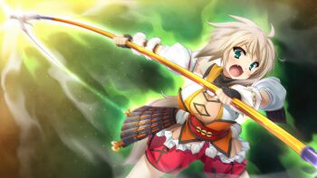 1girl ahoge aqua_eyes attack aura black_gloves blush breasts cleavage cowboy_shot detached_sleeves fang fighting fingerless_gloves game_cg gloves glowing green_aura grey_hair hakama hakama_pants highres holding holding_polearm holding_weapon incoming_attack japanese_clothes kimono large_breasts maeda_matazaemon_wanko_toshie motion_blur mtu_(orewamuzituda) obi open_mouth outstretched_arm pants polearm red_pants red_sash sash sengoku_koihime sengoku_koihime_~otome_kenran_sengoku_emaki~ short_hair sleeveless sleeveless_kimono spear swinging_weapon third-party_source v-shaped_eyebrows weapon