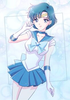 1girl bishoujo_senshi_sailor_moon blue_choker blue_eyes blue_hair blue_sailor_collar blue_skirt bow choker circlet earrings elbow_gloves gloves jewelry lips magical_girl miniskirt mizuno_ami pleated_skirt sailor_collar sailor_moon sailor_senshi_uniform short_hair skirt smile solo white_gloves y-yazaki2406