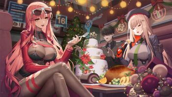 1boy 2girls :d absurdres belt beret bikini bikini_over_clothes black_belt black_bikini black_gloves black_headwear black_jacket black_shirt bodystocking breasts cake chest_strap christmas christmas_cake christmas_ornaments cleavage closed_mouth collared_shirt commander_(nikke) cropped_jacket crossed_legs dark-skinned_female dark_skin eating eyeshadow eyewear_on_head faceless faceless_male food fork gloves goddess_of_victory:_nikke green_necktie hat highres holding holding_fork indoors jacket large_breasts leather leather_jacket lemonpear light_brown_hair long_hair makeup military military_jacket military_uniform multiple_girls necktie open_clothes open_jacket open_mouth orange_eyes rapi_(nikke) red_eyeshadow red_gloves red_hair red_jacket see-through_clothes see-through_cleavage shirt sidelocks smile sunglasses sweat swimsuit torn_bodystocking torn_clothes two-sided_fabric two-sided_jacket two-tone_gloves volume_(nikke)