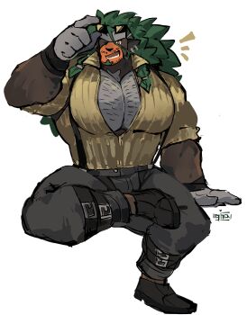 1boy absurdres adjusting_eyewear bara clothed_pokemon commentary english_commentary facial_hair furry furry_male gen_8_pokemon goatee graysheartart hand_on_eyewear highres huge_pectorals male_focus muscular muscular_male nintendo one_eye_closed pants pectoral_cleavage pectorals pokemon pokemon_(creature) rillaboom simple_background sitting solo sunglasses suspenders white_background