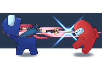 among_us attack blue_(among_us) blue_hair cape commentary crewmate_(among_us) english_commentary fingerless_gloves fire_emblem fire_emblem_shadows flamingo_(eme324) full_body gloves hairband holding holding_sword holding_weapon impostor_(among_us) letterboxed marth_(fire_emblem) motion_lines murder nintendo red_(among_us) stab super_smash_bros. sword twitter_username weapon