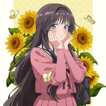 Rule 34 | 1girl, black bag, black hair, black hairband, blue eyes, blush, bug, butterfly, commentary request, dress, flower, hairband, highres, insect, kaoru hana wa rin to saku, long hair, long sleeves, looking at viewer, own hands together, parted lips, pink serafuku, pink shirt, pleated dress, ruogong qingyue, school uniform, serafuku, shirt, solo, sunflower, upper body, waguri kaoruko