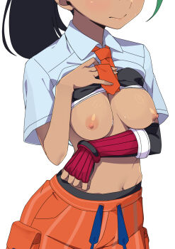 1girl black_bra black_hair blue_shirt bra bra_lift breasts closed_mouth clothes_lift dark-skinned_female dark_skin fingerless_gloves gloves green_hair head_out_of_frame highres medium_breasts morisobo multicolored_hair navel necktie nemona_(pokemon) nintendo nipples pokemon pokemon_sv red_gloves shirt shirt_lift short_sleeves simple_background single_glove solo two-tone_hair underwear white_background