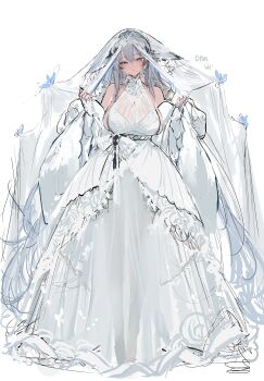 1girl absurdly_long_hair absurdres alternate_costume animal_ears artist_name azur_lane bare_shoulders blue_butterfly blue_eyes bow breasts bridal_veil bride bug butterfly commentary_request dark-skinned_female dark_skin dishwasher1910 dress empire_waist facing_viewer floppy_ears fox_ears fox_girl full_body gown grey_hair halter_dress halterneck hands_up highres insect large_breasts layered_dress long_hair long_veil looking_to_the_side mandarin_collar parted_lips see-through_clothes see-through_dress see-through_veil shawl shinano_(azur_lane) sideboob simple_background sketch solo standing tan translucent veil very_long_hair w_arms waist_bow wedding_dress white_background white_bow white_shawl