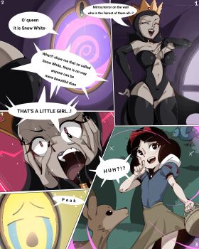 2girls absurdres aged_down bare_shoulders black_eyes black_gloves black_hair black_leotard black_nails black_thighhighs blue_shirt breasts cameltoe center_opening closed_eyes covered_erect_nipples cowboy_shot crown deer elbow_gloves english_text feet_out_of_frame female_focus fingerless_gloves fingernails flat_chest gloves hand_on_own_chest hand_on_own_hip highres large_breasts leotard loli long_fingernails matching_hair/eyes medium_hair multiple_girls nail_polish navel open_mouth pink_eyes rouge_(loliver65) shirt short_sleeves skirt smile smug snow_white_(disney) snow_white_and_the_seven_dwarfs_(disney) speech_bubble strapless strapless_leotard teeth thighhighs thighs upper_teeth_only yellow_skirt