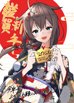 1girl 2026 :d absurdres alternate_costume black_kimono blue_eyes blush braid braided_ponytail breasts brown_hair commentary_request floral_print floral_print_kimono hair_between_eyes hair_ornament hairpin hands_up happy highres japanese_clothes japanese_flag kantai_collection kimono looking_at_viewer medium_breasts new_year open_mouth print_kimono shiba_(zudha) shigure_(kancolle) smile solo translation_request upper_body