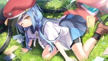 1girl accident anemoi arm_support backlighting bicycle bike_shorts black_shorts black_socks blue_dress blue_hair blunt_bangs blush boots bow bowtie braid brown_boots closed_mouth commentary_request dappled_sunlight day dress dutch_angle eyes_visible_through_hair flower frown full_body furrowed_brow game_cg grass hat highres leaning_forward letter long_hair looking_down low_twin_braids mailman nagayama_yuunon official_art on_grass one_eye_closed outdoors peaked_cap promotional_art red_hat shirato_koyomi short_dress short_sleeves shorts sidelocks sitting socks solo sunlight twin_braids two-tone_dress white_bow white_bowtie white_dress white_flower yellow_eyes yokozuwari