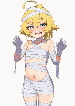 1girl absurdres ahoge bandages blonde_hair blue_eyes cowboy_shot hair_between_eyes half-closed_eyes hands_up highres loli looking_at_viewer mikoscrub mummy_costume naked_bandage navel short_hair simple_background skindentation solo standing tanya_degurechaff thighs v-shaped_eyebrows white_background youjo_senki