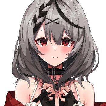 1girl animal_collar bare_shoulders black_collar black_gloves black_streaks braid camisole center-flap_bangs collar commentary_request double-parted_bangs fingerless_gloves frilled_camisole frills gloves grey_hair hair_ornament hairclip hands_up highres holding holding_own_hair hololive looking_at_viewer medium_hair multicolored_hair off-shoulder_jacket off_shoulder red_eyes sakamata_chloe sakamata_chloe_(1st_costume) shinonome_shino_(artist) simple_background solo streaked_hair tearing_up upper_body virtual_youtuber white_background white_camisole x_hair_ornament